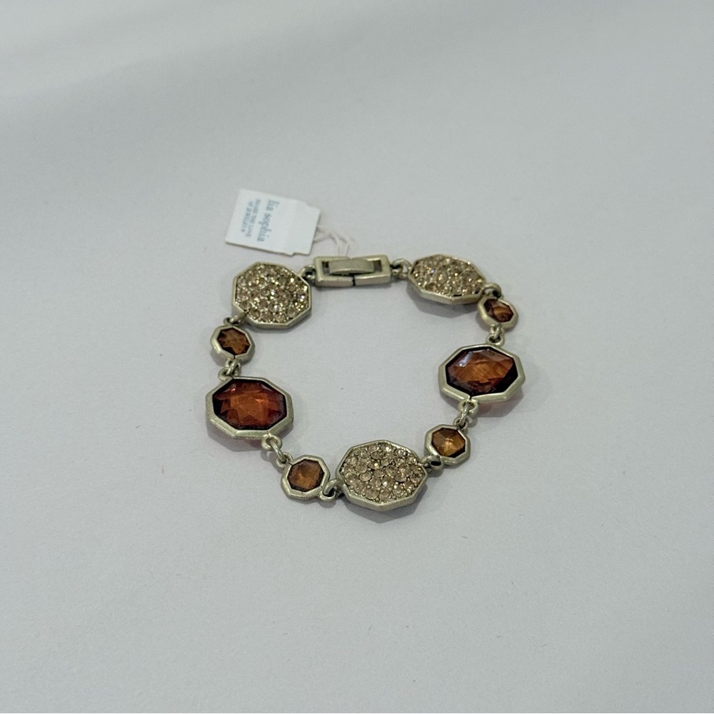 Lia Sophia Brown Crystal Cabochons and Rhinestones Vintage Satin Gold Bracelet